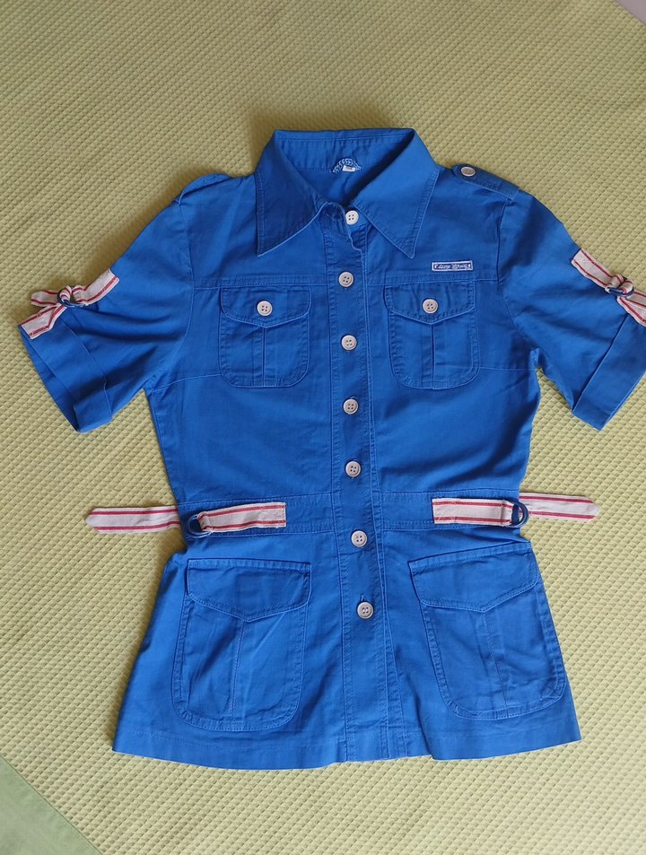Vintage Mavi Düğmeli Kısa Kollu Denim Kadın Gömlek - Görsel 2