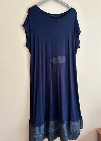 46 Beden Lacivert Midi Denim Garnili Kadın Elbise