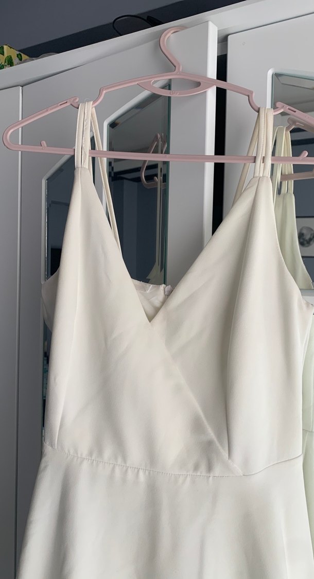 V Yaka Beyaz Midi Elbise nikah için uygun - Görsel 2