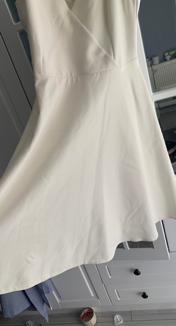 V Yaka Beyaz Midi Elbise nikah için uygun - Görsel 5