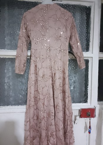 Bej Nakışlı Uzun Vintage Abiye Elbise tesettür abiye - Görsel 5