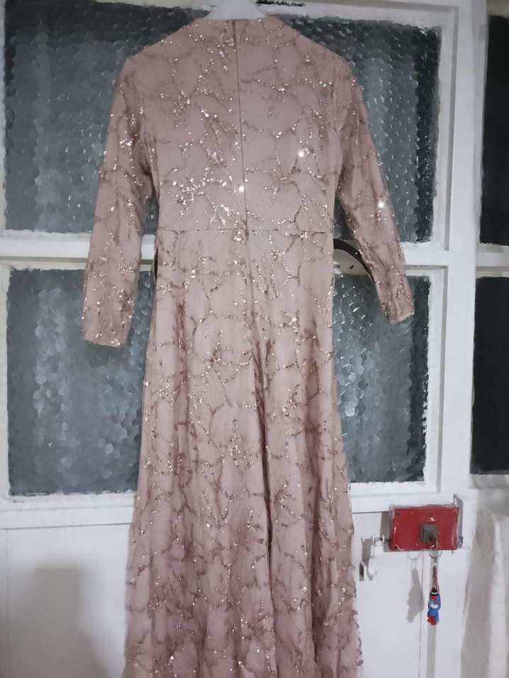 Bej Nakışlı Uzun Vintage Abiye Elbise tesettür abiye - Görsel 5