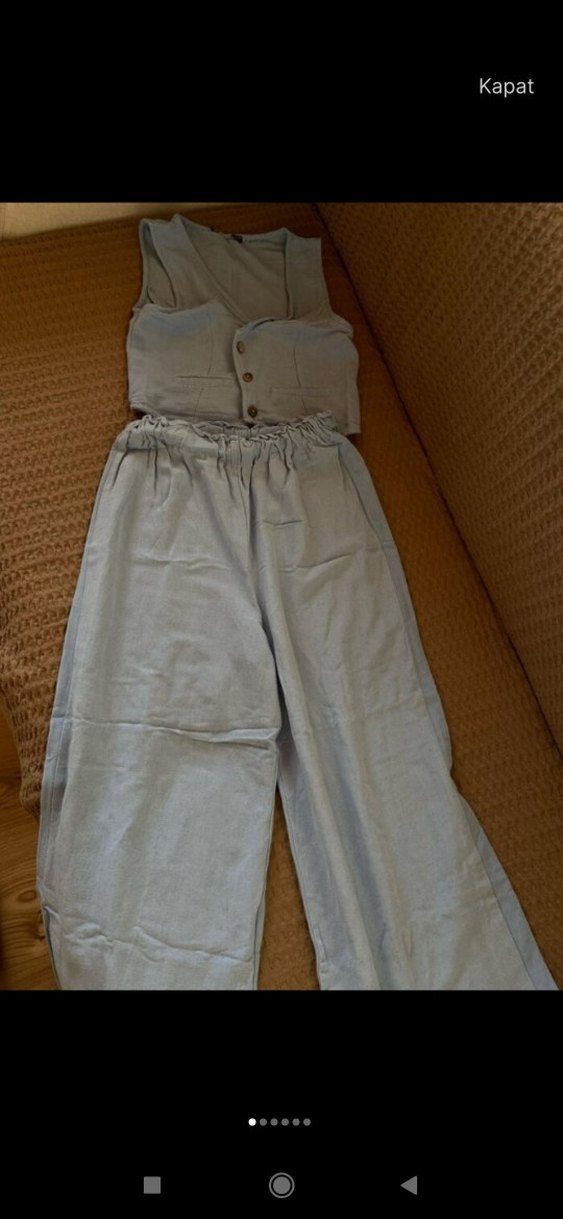 Düğmeli V Yakalı Mavi    pantolon takım ikili takım - Görsel 2