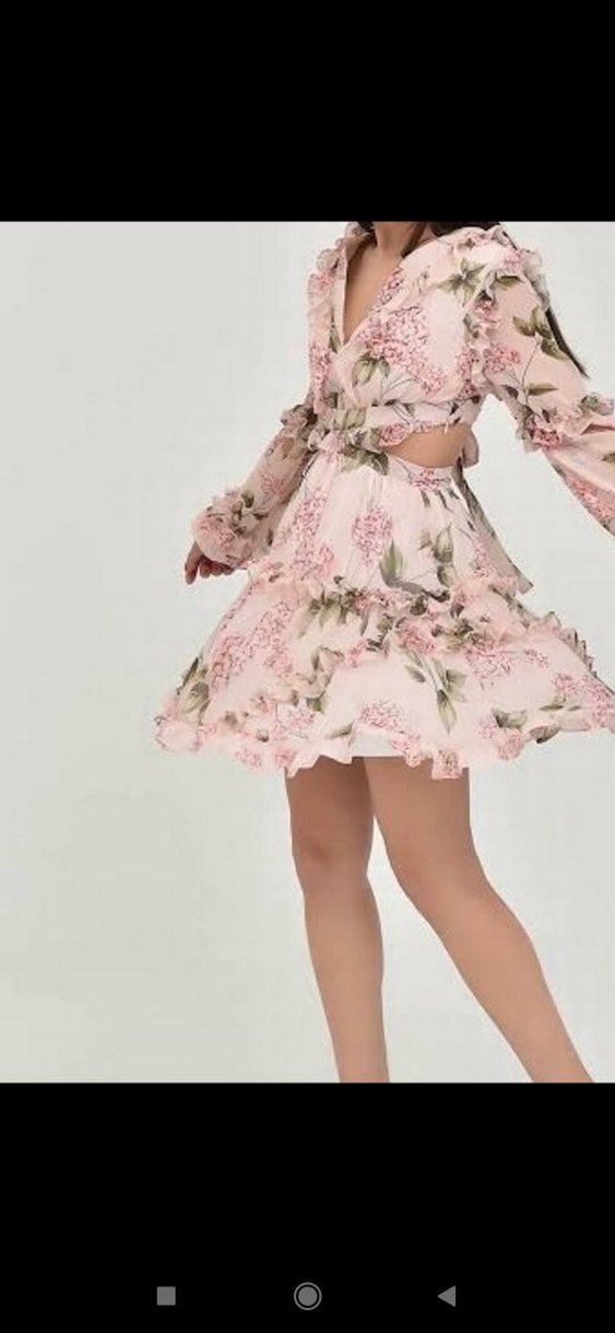 Pembe Çiçek Desenli V Yaka Mini Elbise - Görsel 2