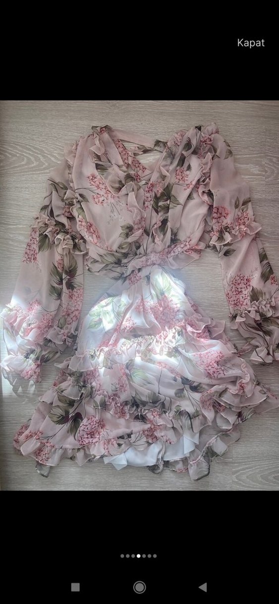 Pembe Çiçek Desenli V Yaka Mini Elbise - Görsel 4