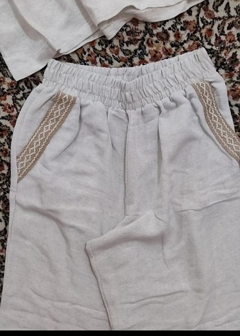 Bej Kadın Pamuklu Rahat Kesim  keten Pantolon takım - Görsel 5