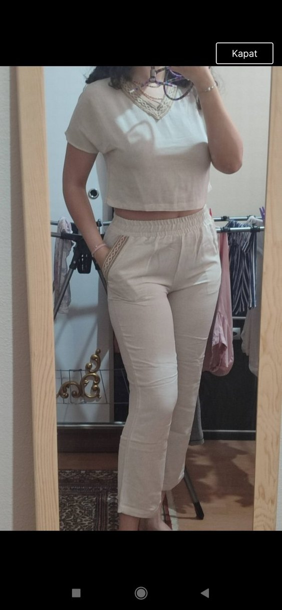 Bej Kadın Pamuklu Rahat Kesim  keten Pantolon takım - Görsel 2