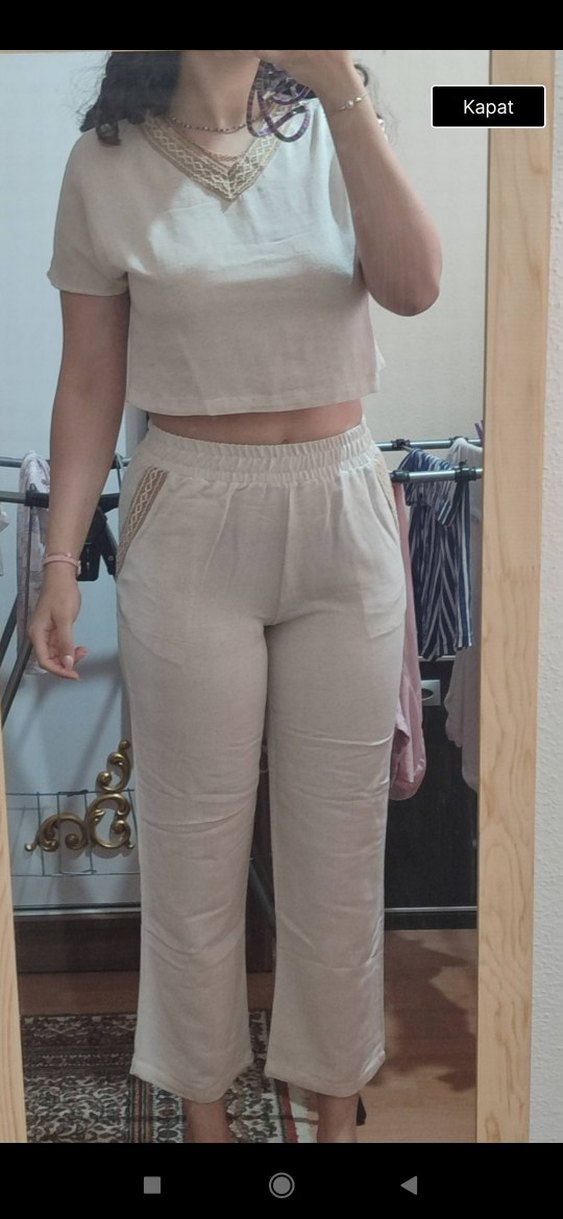 Bej Kadın Pamuklu Rahat Kesim  keten Pantolon takım - Görsel 4