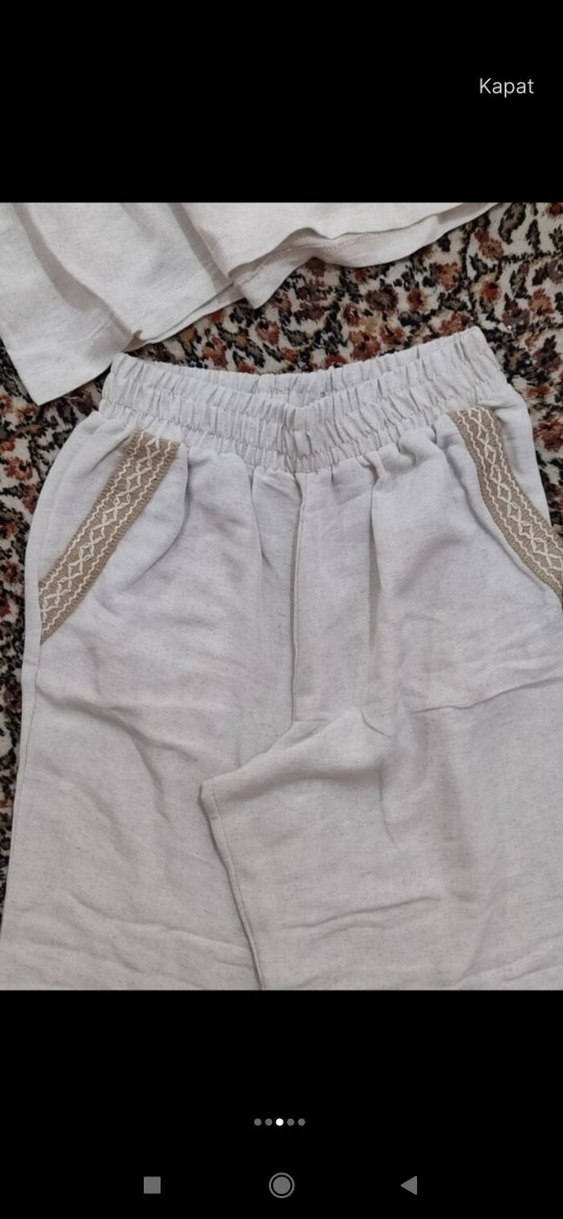 Bej Kadın Pamuklu Rahat Kesim  keten Pantolon takım - Görsel 5