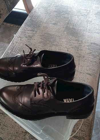 Kahverengi Deri Bağcıklı Kadın Klasik Ayakkabı - Görsel 3