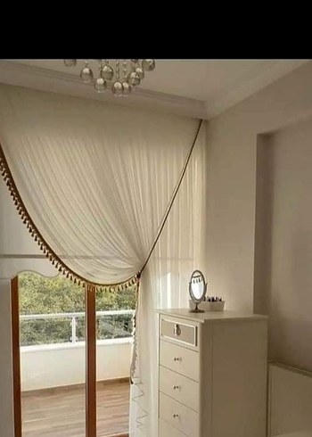 Nakışlı Beyaz Gri Püsküllü Perde - Görsel 2