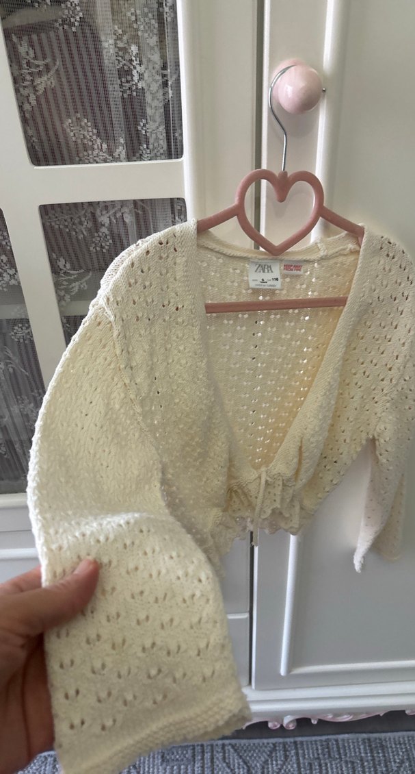 Zara Beyaz V Yaka Örgü Bohem Hırka - Görsel 4