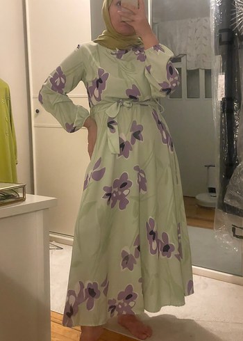 40 Beden Uzun Kollu, Bohem Stil Pastel Çiçekli Uzun Elbise