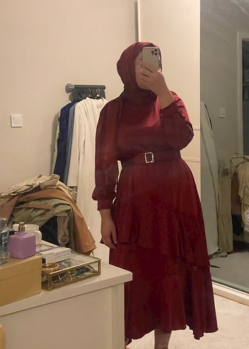 Bordo Uzun Kol Drapeli Salaş Elbise