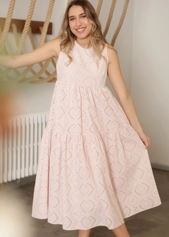 Diğer Dantel Detaylı Pembe Midi Bohem Elbise