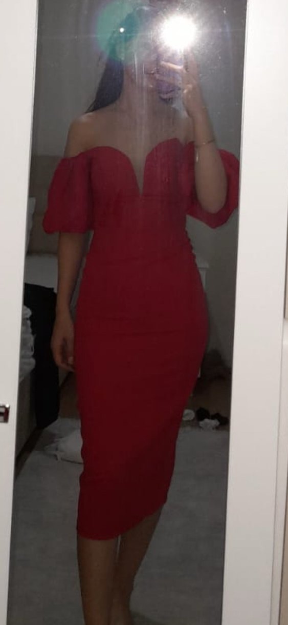 Kırmızı Drapeli V Yaka Kadın Kalem Elbise - Görsel 2