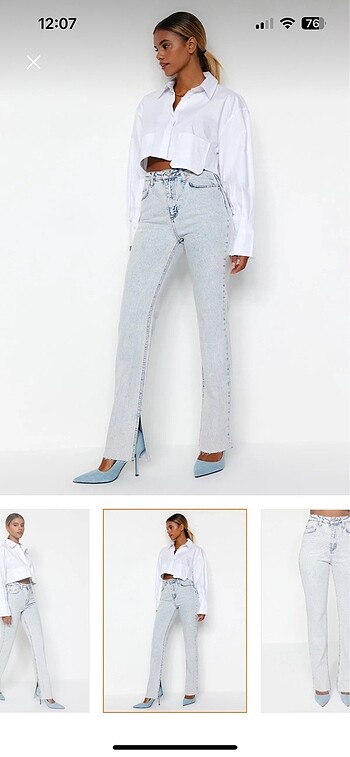 Mavi Yırtmaçlı Yüksek Bel Flare Jeans