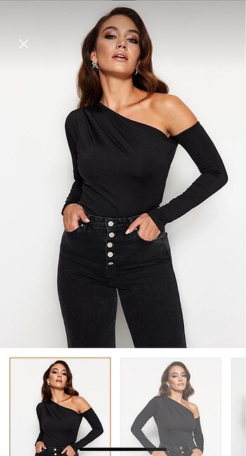 Siyah Asimetrik Yaka Uzun Kollu Çıtçıtlı Body