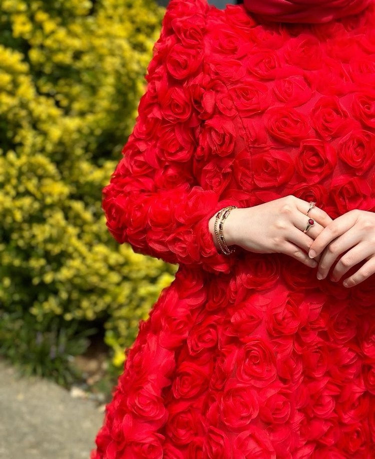 3d güllü tesettür abiye elbise - Görsel 3