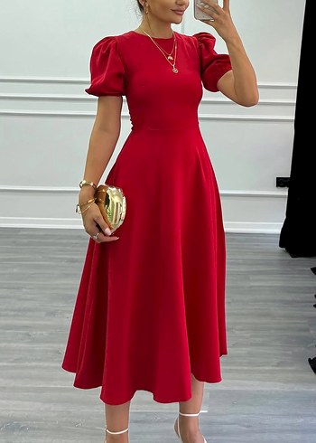 Kırmızı balon kol elbise - Görsel 2