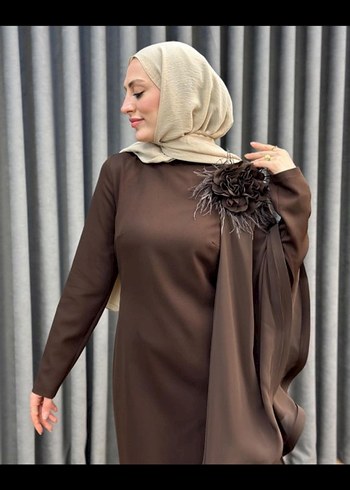 Drapeli Uzun Kahverengi Kadın Elbise - Görsel 4