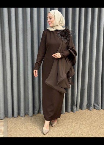 Drapeli Uzun Kahverengi Kadın Elbise - Görsel 2