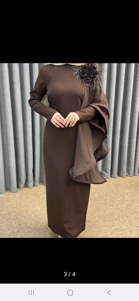 Drapeli Uzun Kahverengi Kadın Elbise - Görsel 3