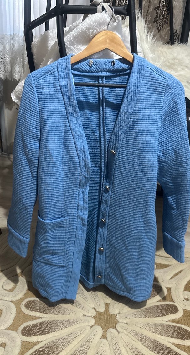 Düğmeli Mavi Midi Hamile Ceketi - Görsel 3