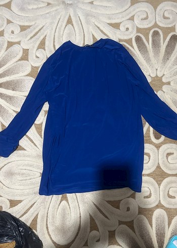 Lacivert V Yakalı Uzun Kollu Keten Bluz - Görsel 3