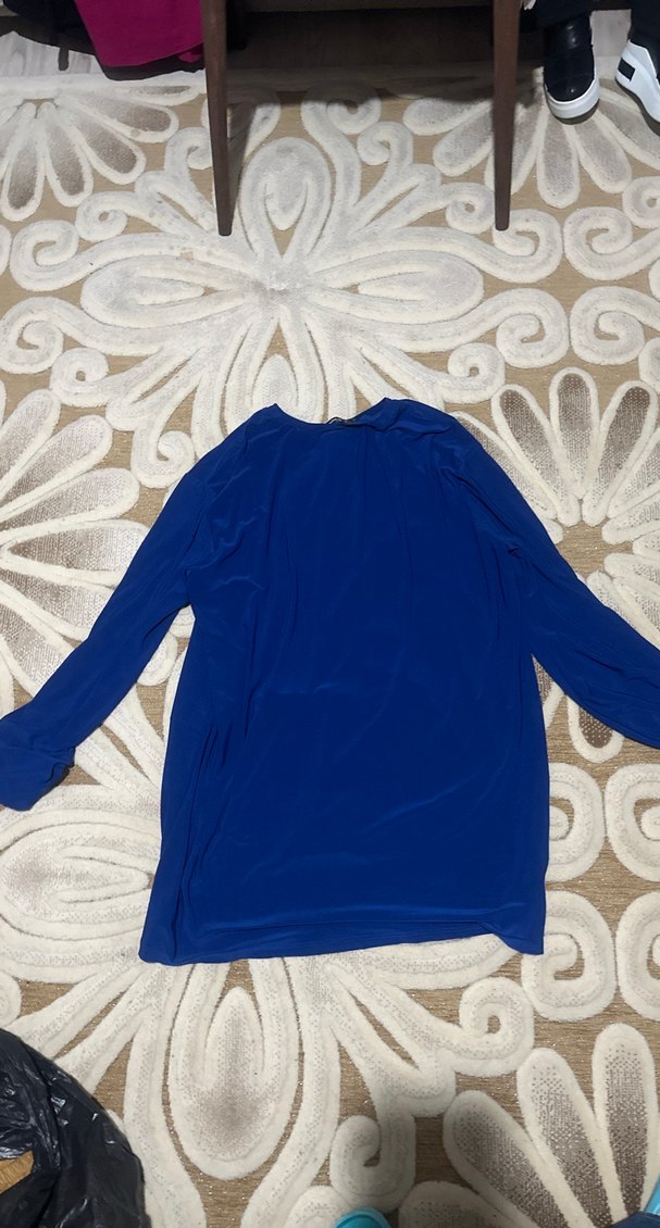 Lacivert V Yakalı Uzun Kollu Keten Bluz - Görsel 2