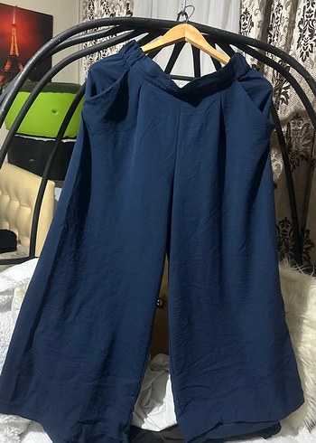 Lacivert Keten Salaş Midi Kadın Pantolon - Görsel 2