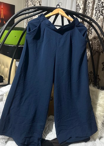 Lacivert Keten Salaş Midi Kadın Pantolon - Görsel 5