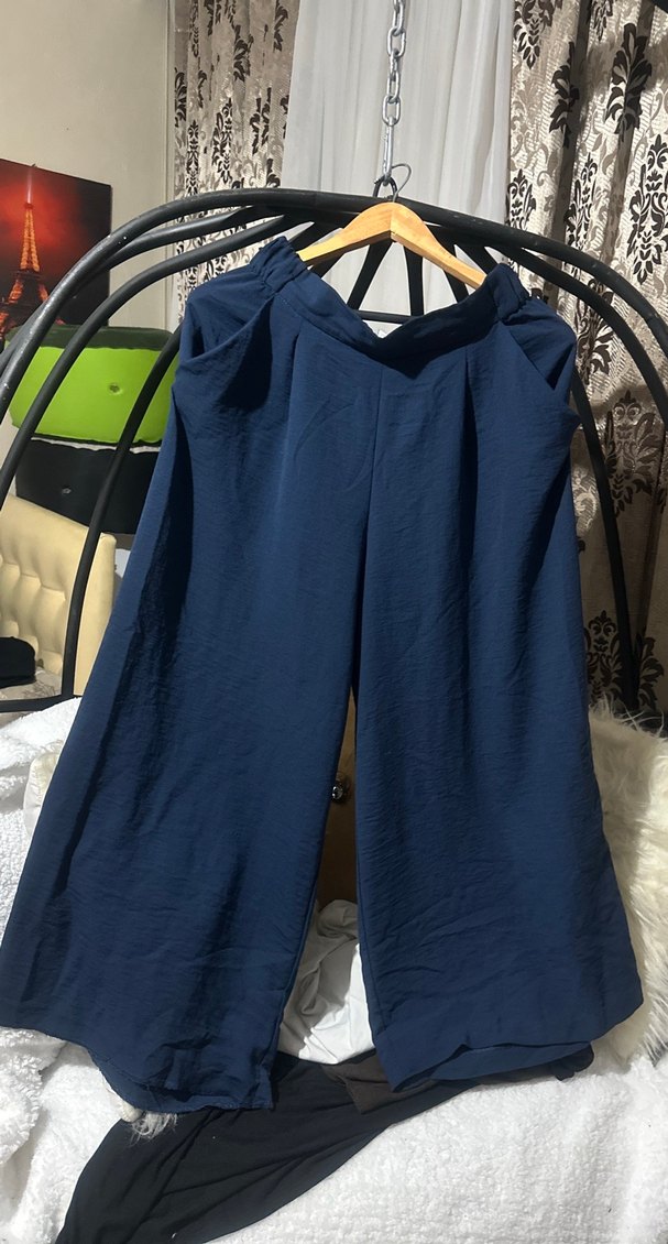 Lacivert Keten Salaş Midi Kadın Pantolon - Görsel 2