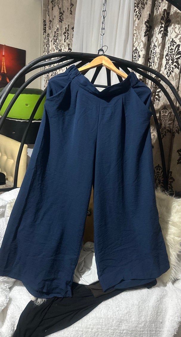 Lacivert Keten Salaş Midi Kadın Pantolon - Görsel 5