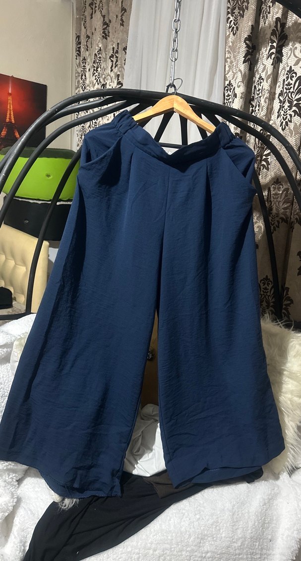 Lacivert Keten Salaş Midi Kadın Pantolon - Görsel 4