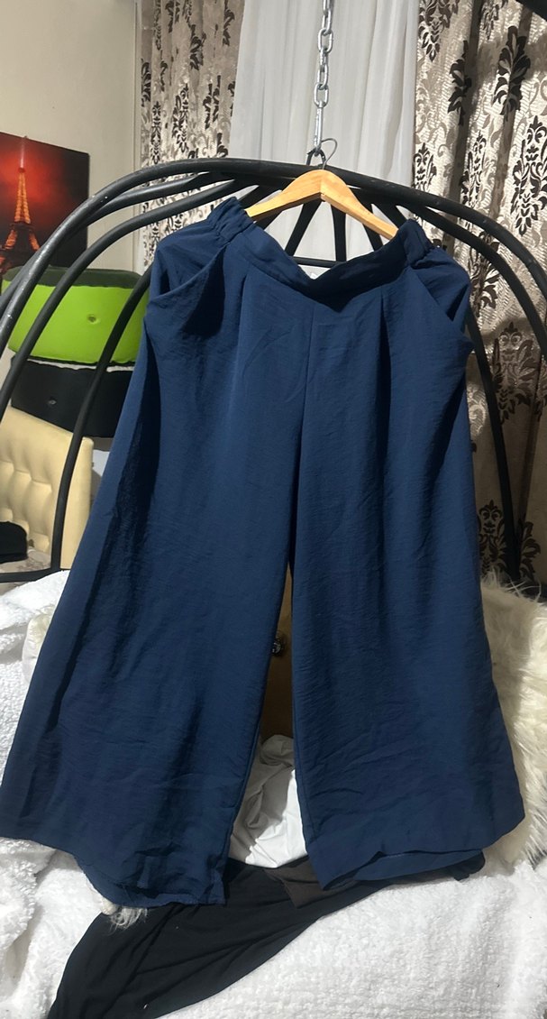 Lacivert Keten Salaş Midi Kadın Pantolon - Görsel 3