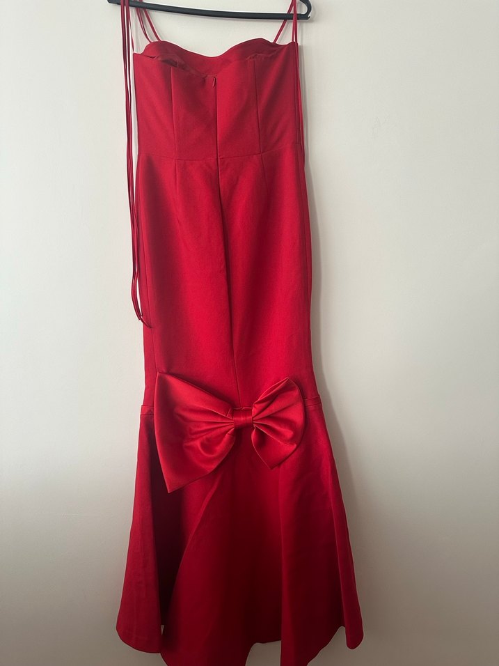 Kırmızı Uzun Boyundan Bağlamalı Abiye Elbise - Görsel 3