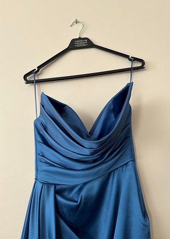 Saks Mavi Drapeli Uzun Abiye Elbise - Görsel 3