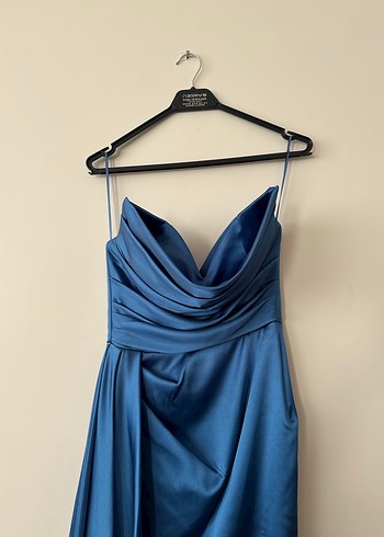 Saks Mavi Drapeli Uzun Abiye Elbise - Görsel 2