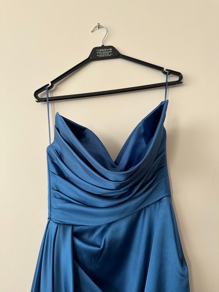 Saks Mavi Drapeli Uzun Abiye Elbise - Görsel 3