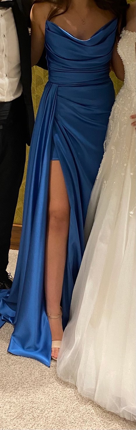 Saks Mavi Drapeli Uzun Abiye Elbise - Görsel 4