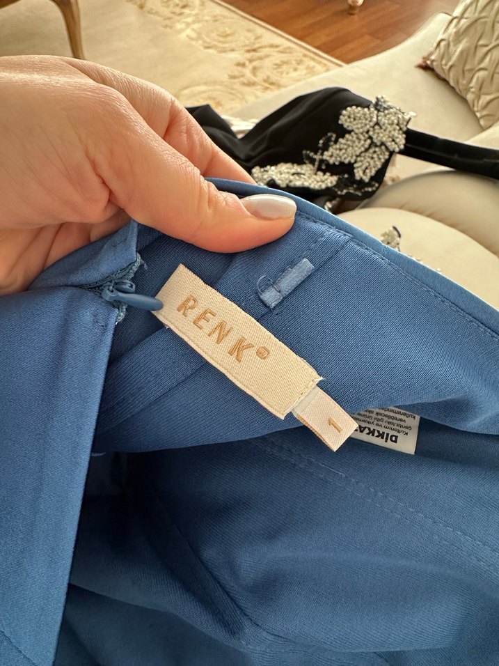 Saks Mavi Drapeli Uzun Abiye Elbise - Görsel 5