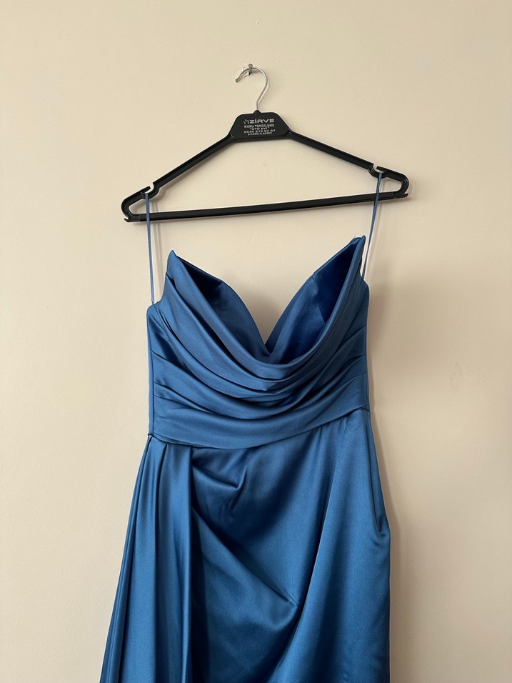 Saks Mavi Drapeli Uzun Abiye Elbise - Görsel 2