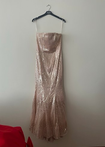 Pudra Parlak Pul Payet İşlemeli Uzun Straplez Abiye - Görsel 2