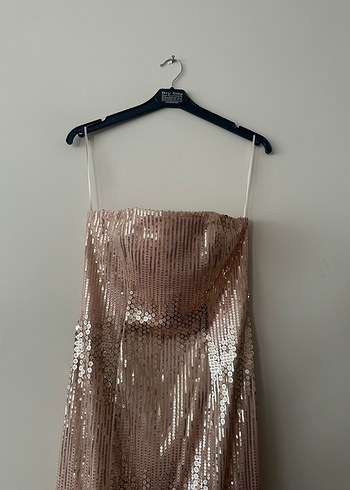 Pudra Parlak Pul Payet İşlemeli Uzun Straplez Abiye - Görsel 3