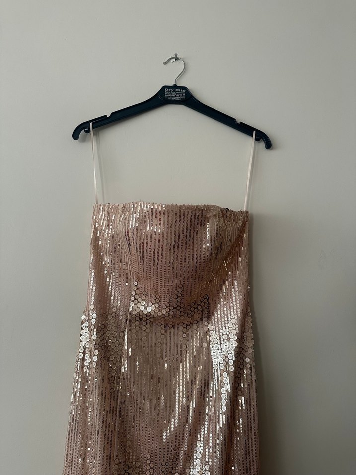 Pudra Parlak Pul Payet İşlemeli Uzun Straplez Abiye - Görsel 3