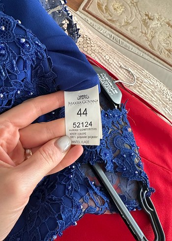 Saks Mavi İşlemeli Dantel Güpür İşlemeli Uzun Abiye Elbise - Görsel 6