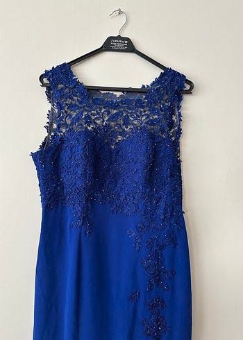 Saks Mavi İşlemeli Dantel Güpür İşlemeli Uzun Abiye Elbise - Görsel 3