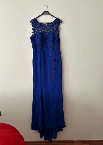 Saks Mavi İşlemeli Dantel Güpür İşlemeli Uzun Abiye Elbise - Görsel 2