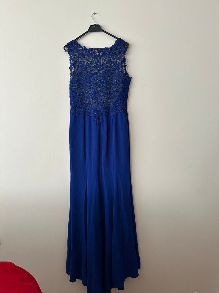 Saks Mavi İşlemeli Dantel Güpür İşlemeli Uzun Abiye Elbise - Görsel 4